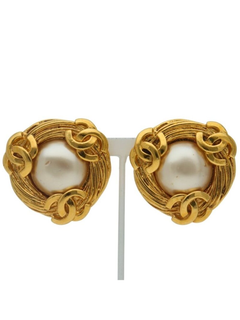 Chanel Faux Pearl Earrings Brass